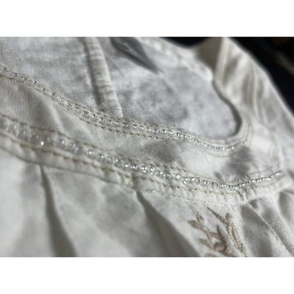 Emma James Womens 16 Linen Peplum Blouse Beaded Neck Trim Floral Embroidered Top - Picture 3 of 10